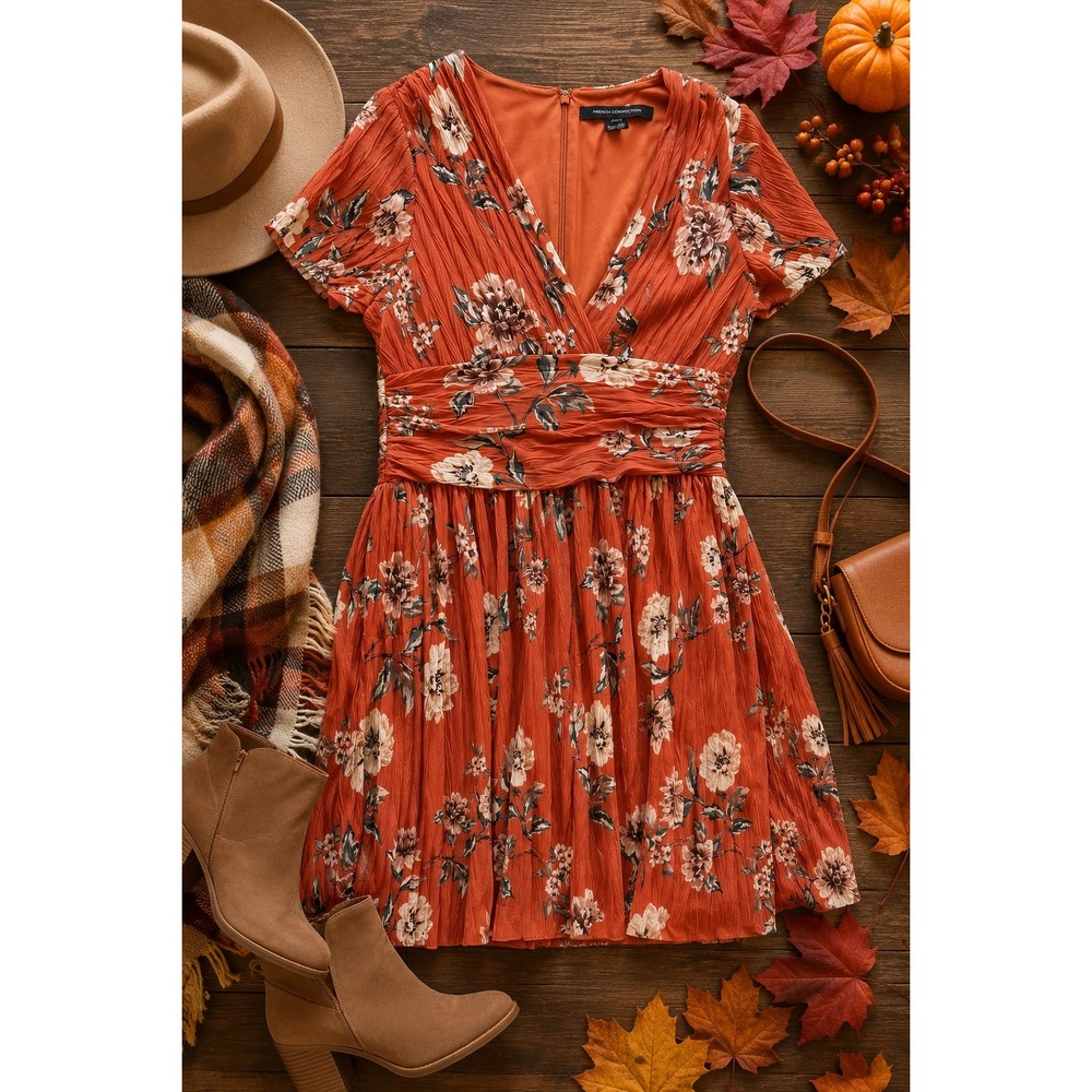 French Connection Floral Pleated Mini Dress Size 6 Burnt Orange V Neck Fall NWOT